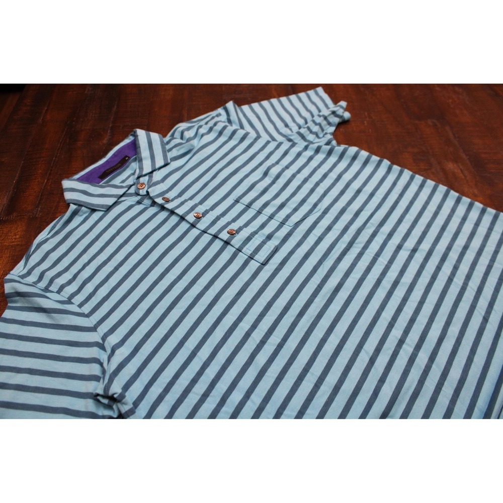 Greyson Polo Shirt Mens Medium Blue Striped Jersey Pocket Logo Short Sleeve